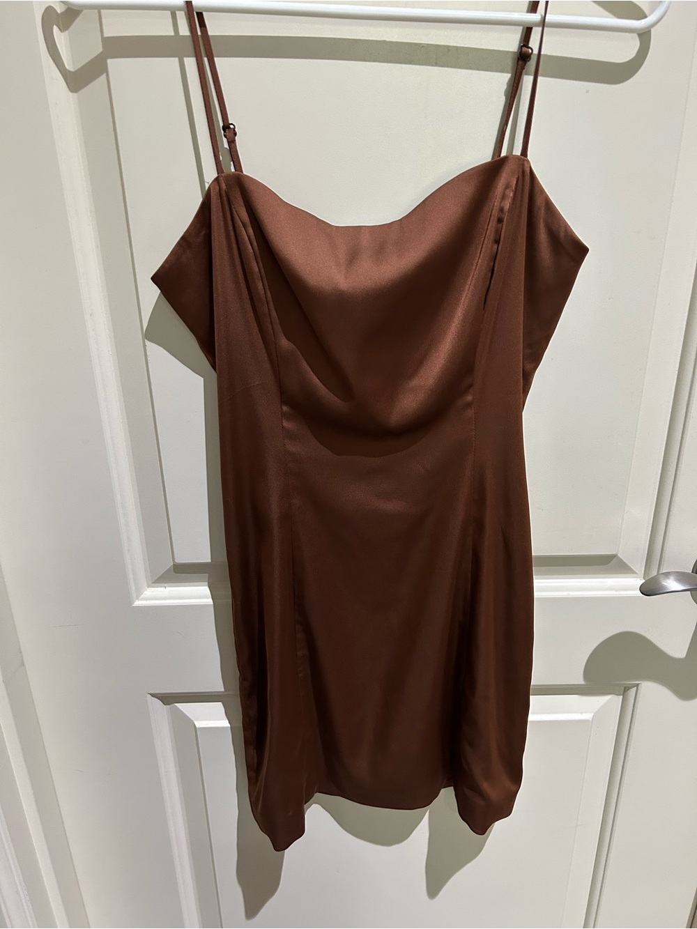 Satin Cowl Neck Mini Dress in Brown